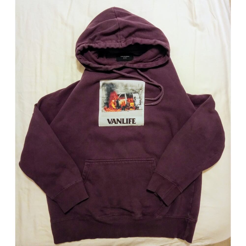 VTG Y2K VANLIFE Purple Hoodie Van On Fire Graphic Retro Humor Streetwear SZ M